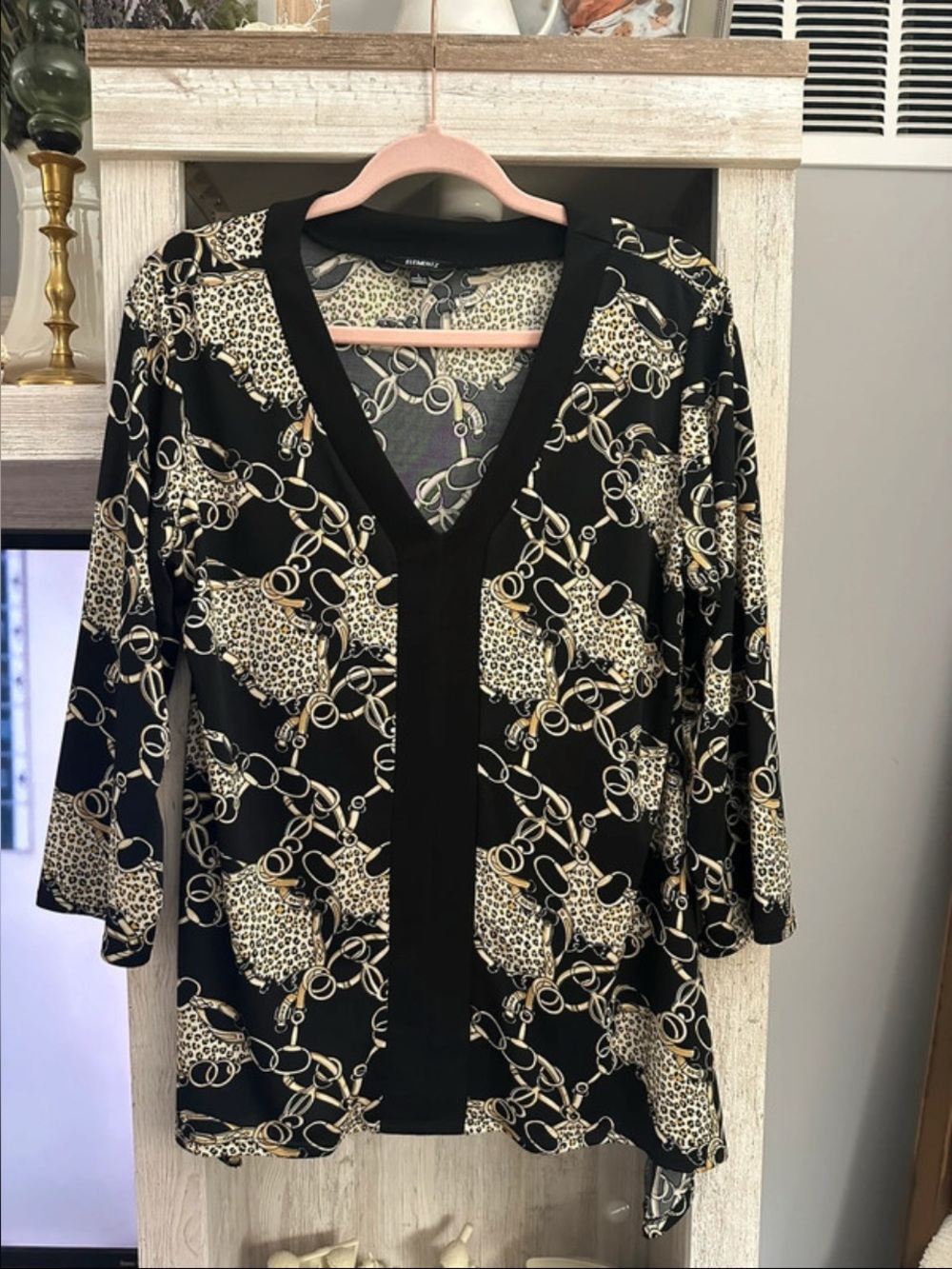 Elementz Black V-Neck Tunic with Gold Chain & Leopard Print